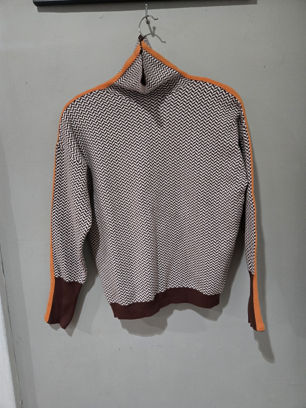Women's Brown & White Patterned Sweater with Orange Trim